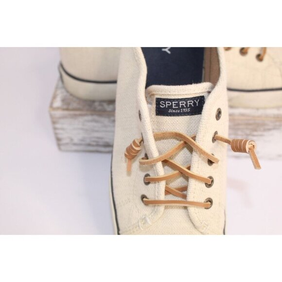 Sperry Woven Canvas Cushioned Slip On Boat Shoes Women's 10 M Cream Blue Lace UP - Picture 6 of 9